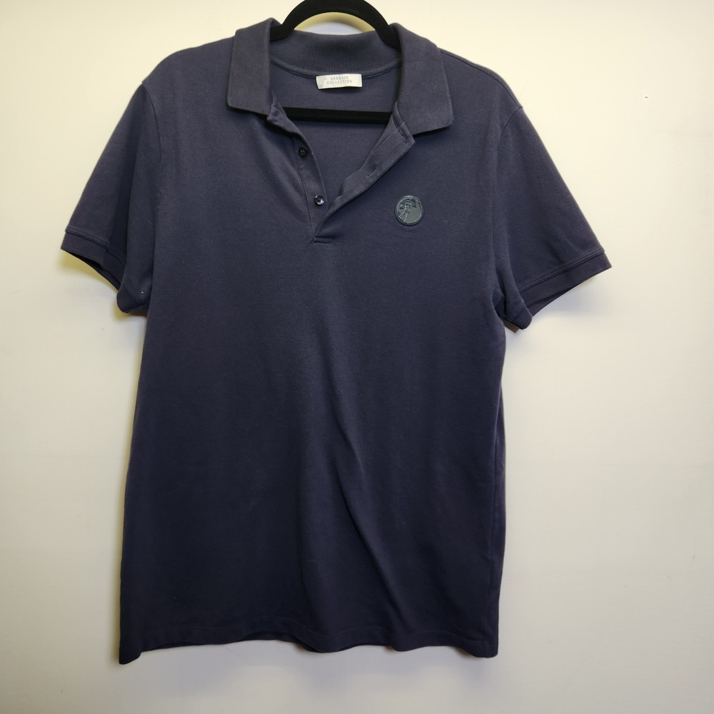 Versace Collection Medusa Round Logo Men's Navy Blue Polo Shirt Med Short Sleeve
